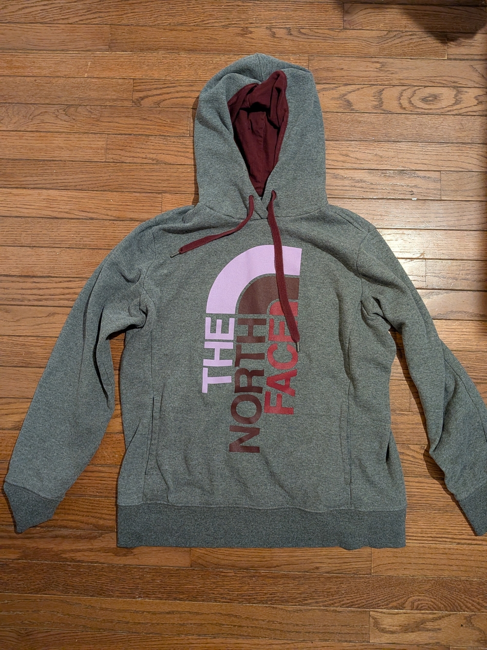 The North Face Gray Pullover Hoodie with Maroon Hood and Pink Logo